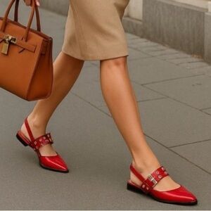 Steve Madden Smokee Red Slingback Flats | Silver Buckle Detail Sz 6.5 Vegan NWB